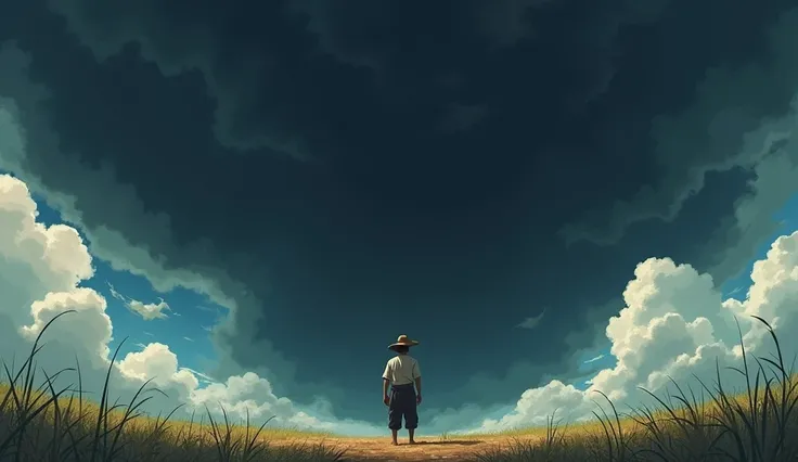 Ramū, a humble farmer in simple clothing, standing in his small field, looking at the sky ramu big black sky