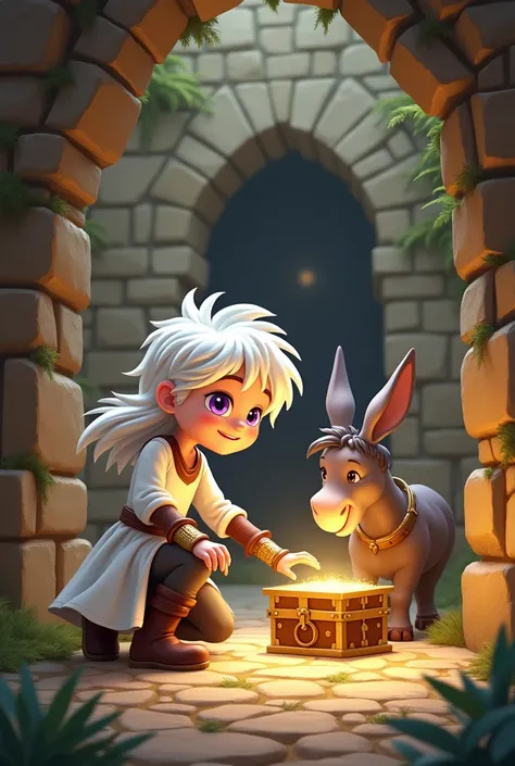 I want an image with a cartoon style, of a white-haired boy, big purple eyes, long hair, in medieval clothing, long white shirt, with brown bracelets, brown pants and brown boots, that is a human, and finds a treasure and meets a normal donkey in the maze