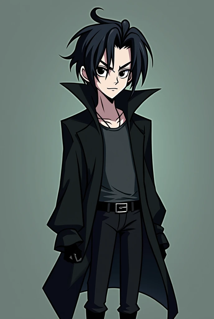 A tall, pale, teenage vampire with a brooding and mysterious vibe, depicted in the cartoon art style similar to Danny Phantom. He has long, disheveled and tousled black hair that hangs over his dark eyes and drapes down his neck. His expression is a confid...