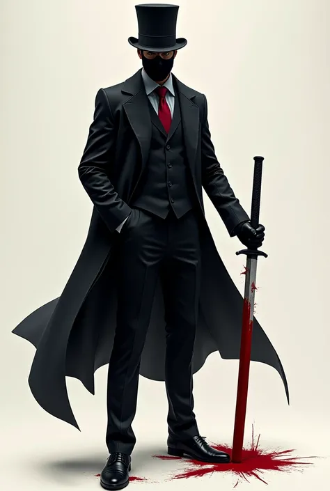 Man wearing a black suit, eye mask and a top hat, in addition to a layer. He holds in his right hand a bloody unsheathed ninja katana that looks complete