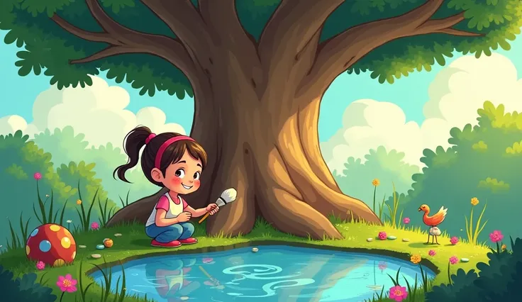 Cartoon girl making The pond  around the  tree painting 