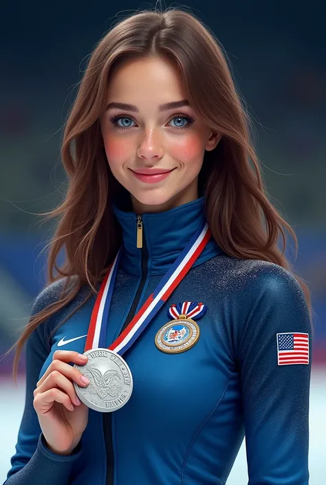 One woman, dark brown reddish hair, blue eyes, long hair, holding a silver medal, wearing a medal around her neck, female figure ice skater, wearing a blue united states winter sports jacket, frekles, smiling, looking at the camera, realistic, dark stadium...