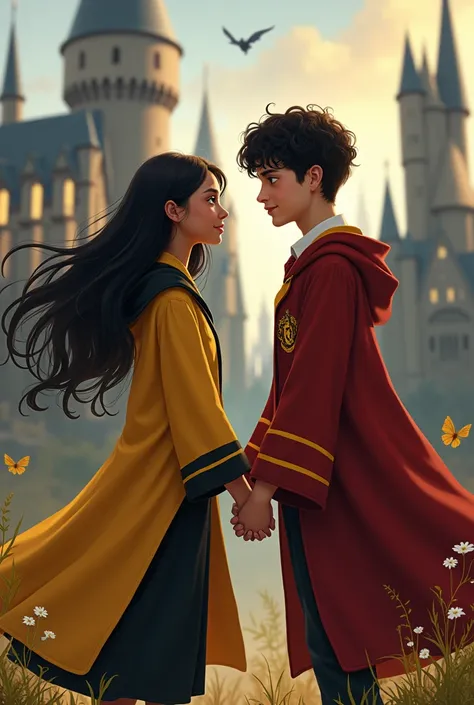 A teenager girl with brown skin, black long hair wearing a Hufflepuff uniform and holding hand with a teenager boy that have black short hair, white skin and wearing a gryffindor uniform