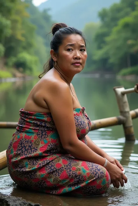 A beautiful Indonesian woman, quite fat, hair tied up, batik tubedress, sitting on a flat stone while washing clothes, doused with water coming out of a bamboo pipe, rural river as background detail, look at the viewer, natural light, realistic photography...