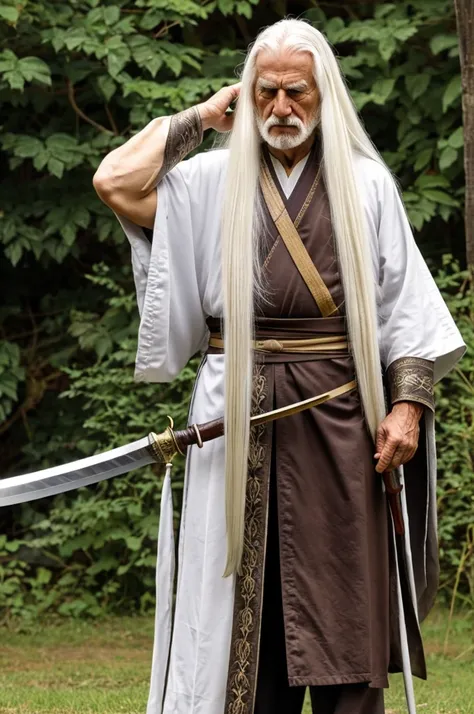 Long white haired swordsman old man