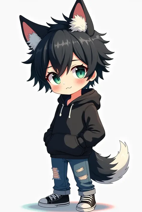 A cute anime boy with black hair and greenish blue eyes with fuzzy white wolf ears on his head and a poofy white tail, HEs wearing a black hoodie and some ripped jeans.