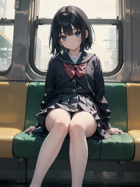 "(masterpiece, High resolution, Ultra High resolution, 4K) Black Hair, Japanese Girls , Uniform skirt, Accentuate your thighs, White thighs, Soft thighs, Great thighs, Sitting on a train, Facing angle, (Angle from below),sitting in a train seat,sitting in ...