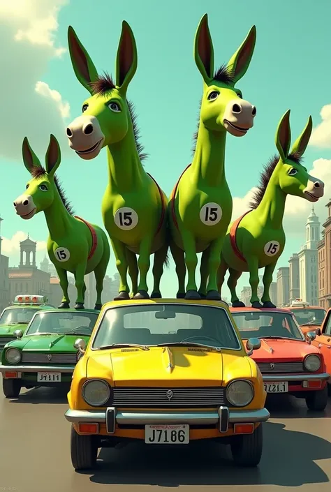 Create a group of green donkeys with the number 15 on top of cars