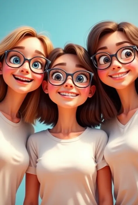 Pixar-style poster of a 3 girl,with shoulder-length light brown hair, has a big bust,with silver-framed glasses,She is chubby ,chubby,he has a white shirt, She looks happy smiling 