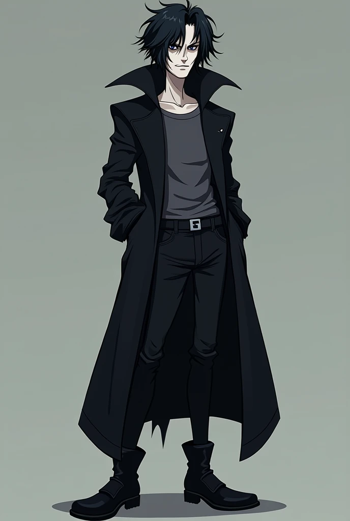 A tall, pale, teenage vampire with a brooding and mysterious vibe, depicted in the cartoon art style similar to Danny Phantom. He has long, disheveled and tousled black hair that hangs over his dark eyes and drapes down his neck. His expression is a confid...