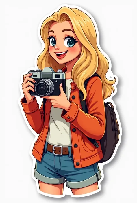 **Sticker of a Woman with a Camera**: A stylish blonde woman with long, wavy hair, holding a vintage camera. She’s smiling, ready to capture moments, and designed as a vibrant sticker with no background. Perfect for your stories!