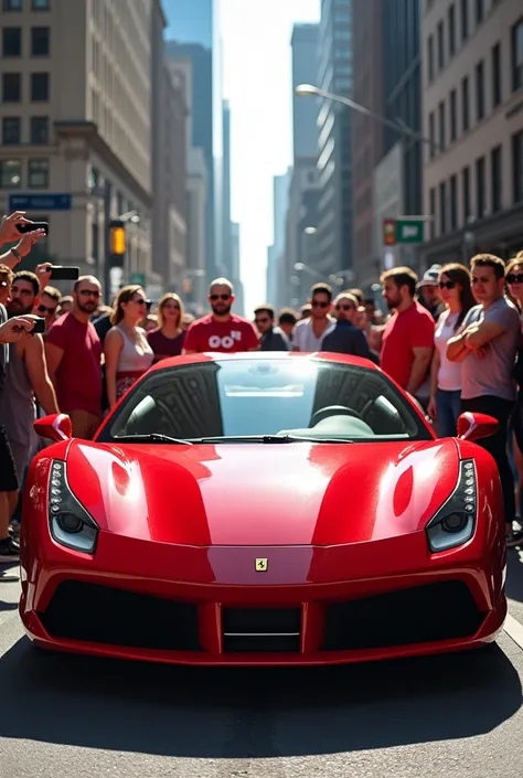 Create a Ferrari on an avenue with lots of people taking pictures and admiring it with buildings in the background and sunny weather