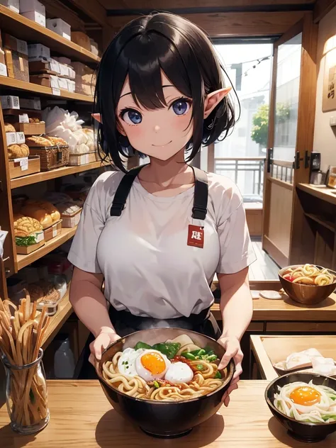 High resolution, 8K Ultra HD, ((Ink and painting)), Inside the soba restaurant. An elf carrying a tray of wide udon noodles. The udon is topped with a fried egg and a dumpling.、(((One bowl)))、 Bob-cut black-haired elf, smile,　