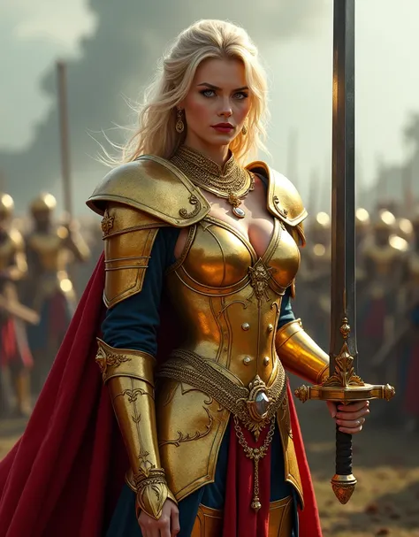 Masterpiece, highest quality, higher rank, (Woman warrior:1.3), big and full breasts, belly button, hyper real, in a battlefield, Delicate skin texture to the smallest detail, detailed blue eyes,(Blonde), European Woman warrior, big breasts cleavage, richl...