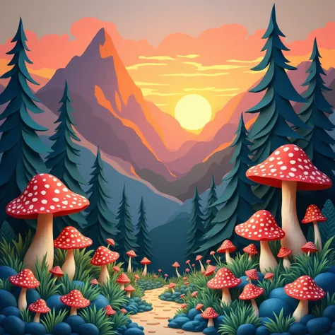 Generate a papercraft style sketch, of a landscape in a wooded and mountainous sunset, with mushrooms and plants, fantastic and multicoloured