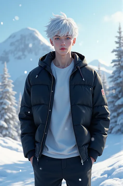 A tall boy, with a slight musculature, white hair shining in the sun. Her blue eyes contrast with her white skin.. He wears a black jacket that protects him from the cold., A white t-shirt peeking out from underneath and black pants completing his outfit. ...