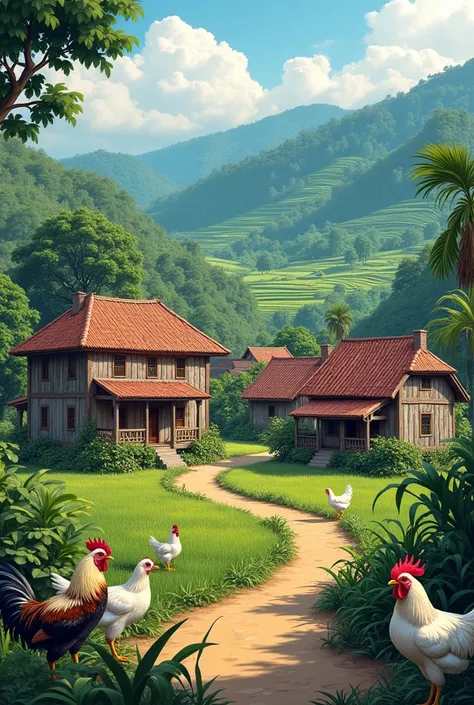 Old houses of Filipino people with rice terraces and poultries nature posters