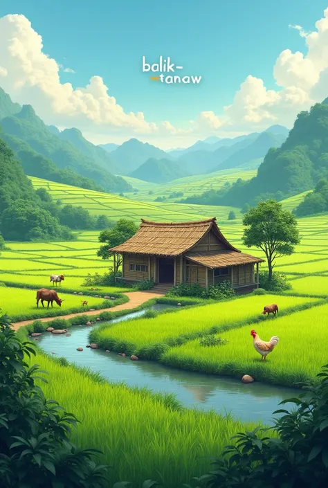 a wide farm, one house made of bamboo, with small river, animals, rice fields, 8k, 3D,include this texts: "Balik-tanaw"