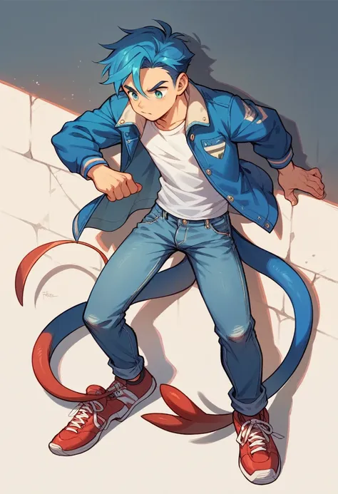 Miles tails Power Misael ,  boy blue jacket, blue hair, jeans, red shoes 