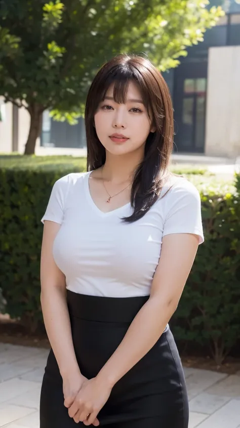 (((8k、High resolution、Best Quality、High resolution)))Alone、Natural body shape、White skin、Natural Makeup、Black Hair、bangs、 Long Hair、(Big Breasts),Looking into the camera、Outdoor,(Business Style), Violet short sleeve V-neck, Formal tight skirt,mini skirt , ...