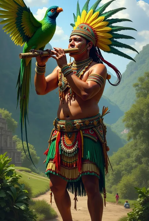 Man wearing a Guatemalan Mayan costume, with the green quetzal bird and a flute