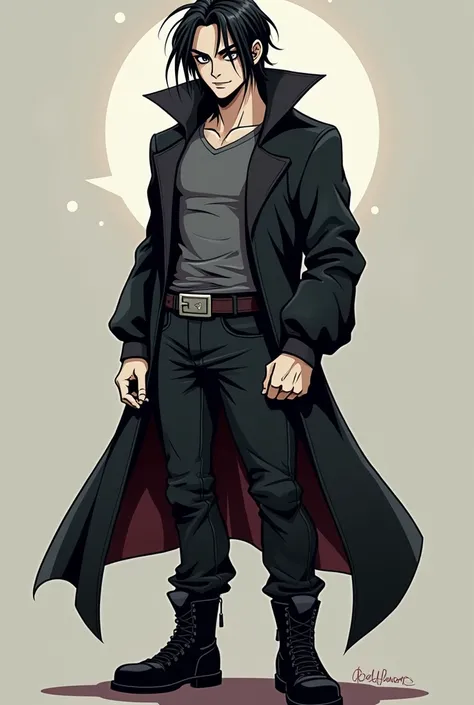 A tall, pale, teenage vampire with a brooding and mysterious vibe, depicted in the cartoon art style similar to Invincible. He has long, disheveled and tousled black hair that hangs over his dark eyes and drapes down his neck. His expression is a confident...