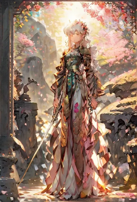 make a short white haired female anime character wielding a sword, make it very detailed and beautiful