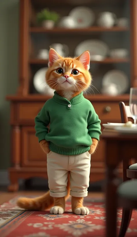 A brown cat wearing green shirt and white pant is standing in dining room 