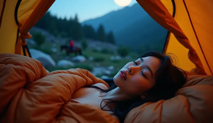 1 female, Beautiful Korean, Are sleeping、Beautiful black hair, Honey colored hair,((Upper body selfie, )), Shooting in a tent, Wearing a sleeveless T-shirt, Beautiful backlight, Tent open sign,masterpiece, Highest quality, Overly detailed, alone, exterior,...