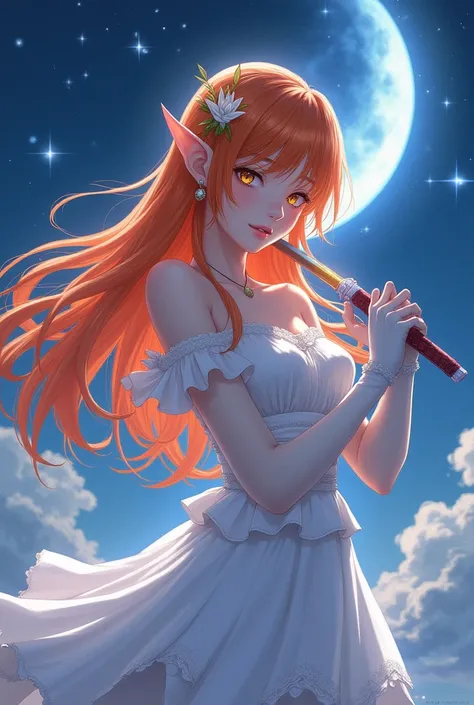 Night sky，Orange long hair elf anime girl，Put on long white gloves，innocent eyes，Magic Katana￼￼￼