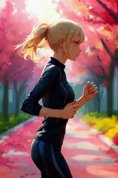 Adult woman, ponytail blonde hair, pink eyes, trainer clothes, running, morning