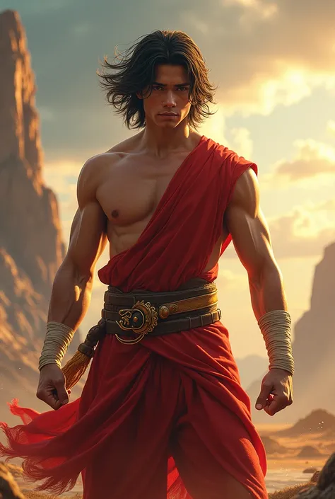 A young, tall, thin, demigod warrior with medium-length hair who uses his fists to fight, wearing red fighter clothes with gold details and bandages on his wrists.