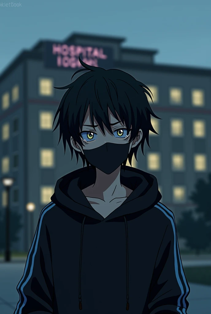 anime man, high, with dark circles, hooded sweater, black face mask, long black hair, yellow pupils, pretty eyes, pale skin, delgado, black sweater with light blue stripes, outside the hospital, Evening, Scared, shaking, shy, by the careless black, dark co...