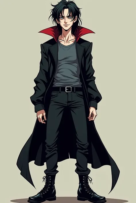 A tall, pale, teenage vampire with a brooding and mysterious vibe, depicted in the cartoon art style similar to Invincible. He has long, disheveled and tousled black hair that hangs over his dark eyes and drapes down his neck. His expression is a confident...