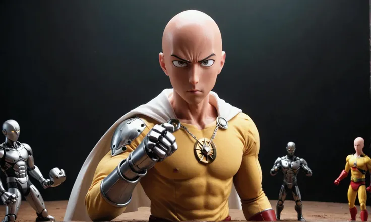 (claymation) Saitama (one punch man in hero costume. in a punch pose, confused look on his face) is confused, he just punched the enemy cyborg and exploded it, Japan
