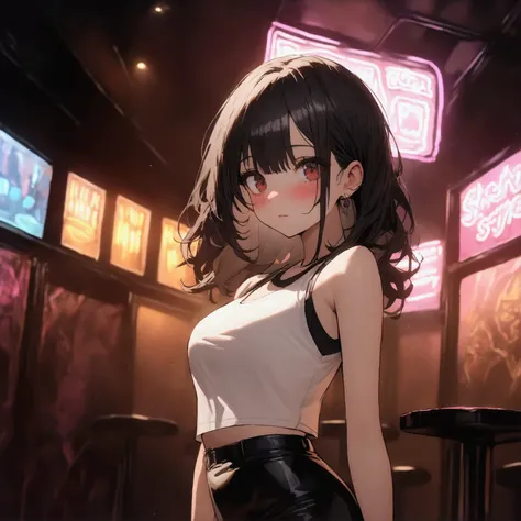 a beautiful young woman with long black hair and a cute face, shes looking at you while blushing and is in shock, wearing a pencil skirt and a white sleeveless croptop, standing in a nightclub with neon lights and a gritty atmosphere, cinematic in style, h...