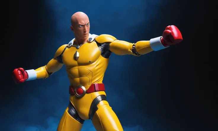 a confused Saitama in hero costume, in a punch pose, cyborg exploded, claymation, Japan, high quality, 8k, hyper detail, cinematic lighting, vibrant colors, photorealistic