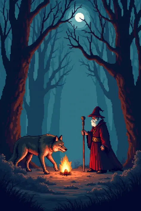 Create a medieval/fantasy themed pixel art, A wounded wizard facing a wolf at night in the middle of the forest 