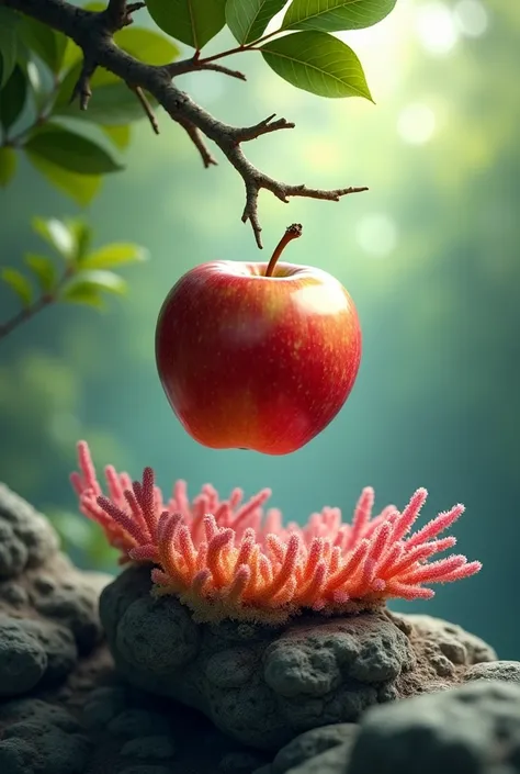 Draw me an apple hanging from a tree, connected through a stem that holds it in the air. While in another drawing make it like a coral that is firmly attached to a rock, without any visible elevation.