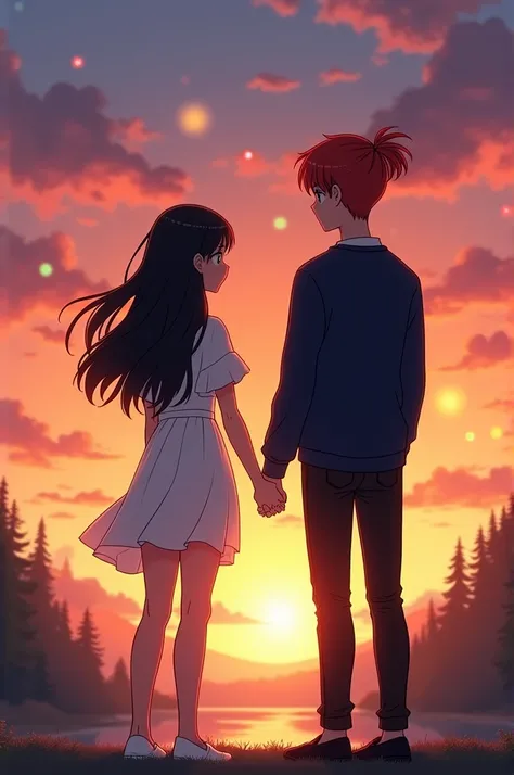 Create two people holding hands with their backs to the sunset, a girl with black hair and brown skin of average height, with a short white dress and the boy tall stature, fair skin and medium hair tied in a red ponytail with a navy blue sweater, and some ...