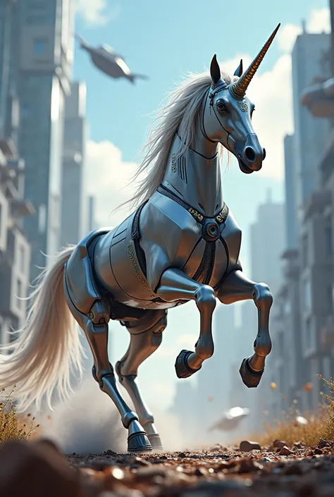 A cyborg unicorn，Mighty and majestic，Running in a future world full of technology