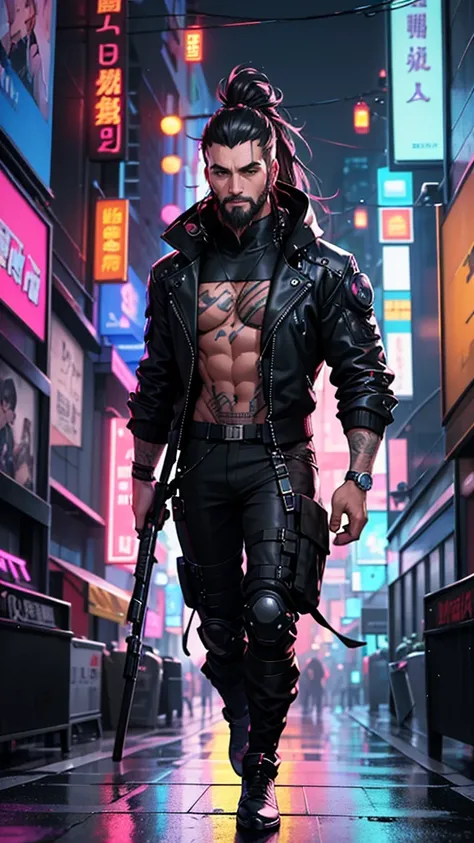 High resolution、masterpiece、Textured skin、high quality、Ultra high definition、Very detailed、male、4、Long hair tied up、beard、Hard-boiled、Cyberpunk、Futuristic neon city、Tall、Street Fashion、night、rain、solo, Walking towards me、Colorful and glittering background、