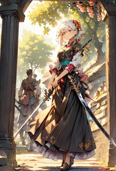 make a short white haired female anime character wielding a sword, make it very detailed and beautiful