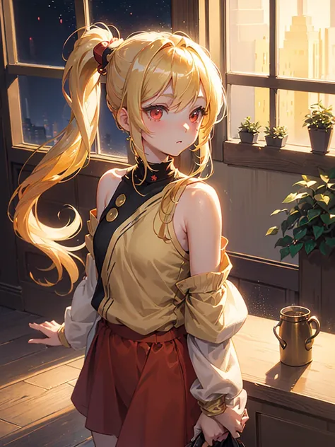 anime girl,(((masterpiece))),best quality,illustration,(beautiful detailed girl),single Anime girl,(((golden hair))),(((shoulder length hair))),(((side ponytail))) (((on the right))),red eyes,At night, indoors, Haruka stands in front of an open window with...