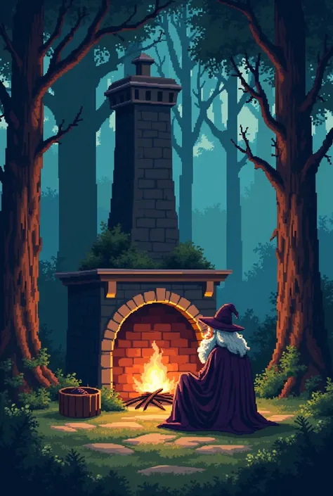 Create a medieval/fantasy themed pixel art, a wizard sitting with his back to a fireplace in the middle of the forest 