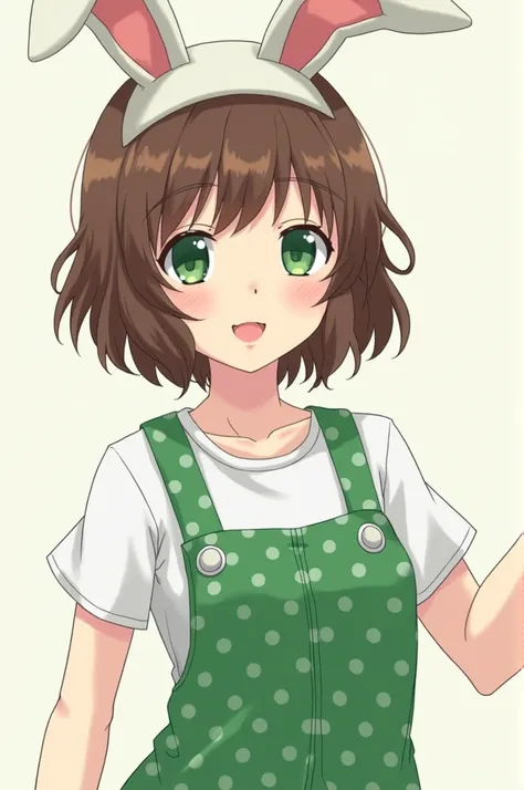  anime format,pele morena,green eye, wavy brown hair,white blouse, green jumpsuit with white polka dots,rabbit headset