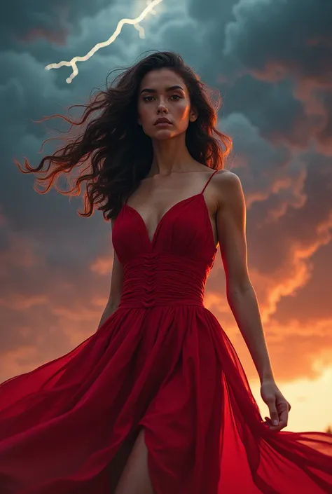 Fierce Young woman a leader wearing red dress wavy hair, Background is red and blue Clouds and thunder storms