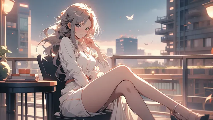 there is a woman sitting in a chair in an office, seductive anime girl, attractive anime girl, smooth anime cg art, beautiful alluring anime woman, sits on a rooftop, beautiful alluring anime teen, trending on cgstation, beautiful anime girl, anime moe art...