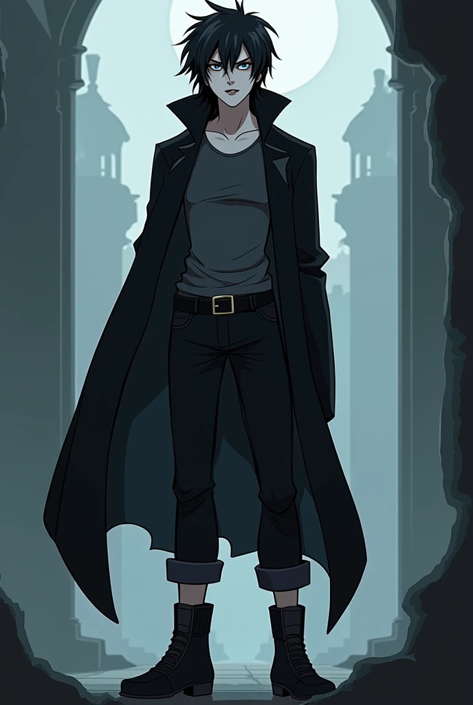 A tall, pale, teenage vampire with a brooding and mysterious vibe, depicted in the cartoon art style similar to Young Justice. He has long, disheveled and tousled black hair that hangs over his dark eyes and drapes down his neck. His expression is a confid...