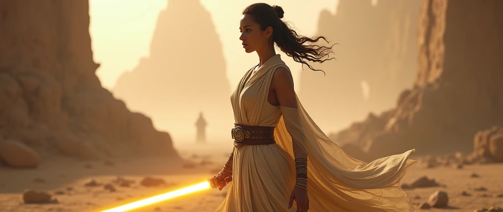 jedi woman, Master of strength curvy figure,toned body,modest attire,golden lightsaber 